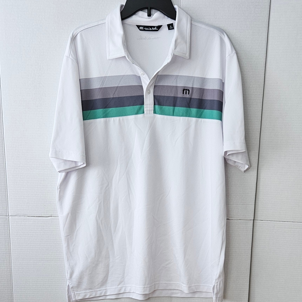 Men's Travis Mathew Golf Polo - White w/ Green & Grey Stripes - X-Large -